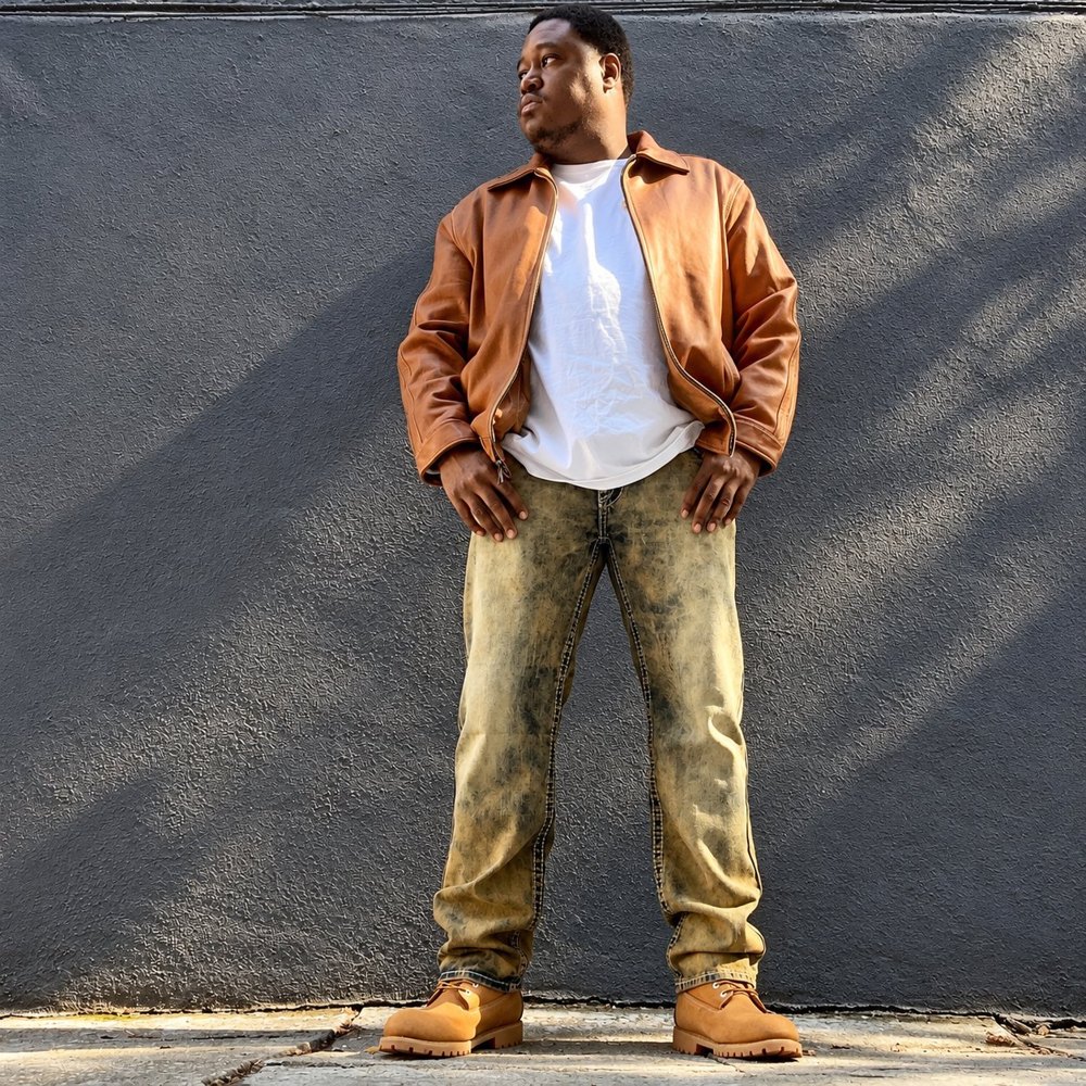ELUS, The Kindgenius, in a tan leather jacket and Timbs against a grey wall in the Bronx