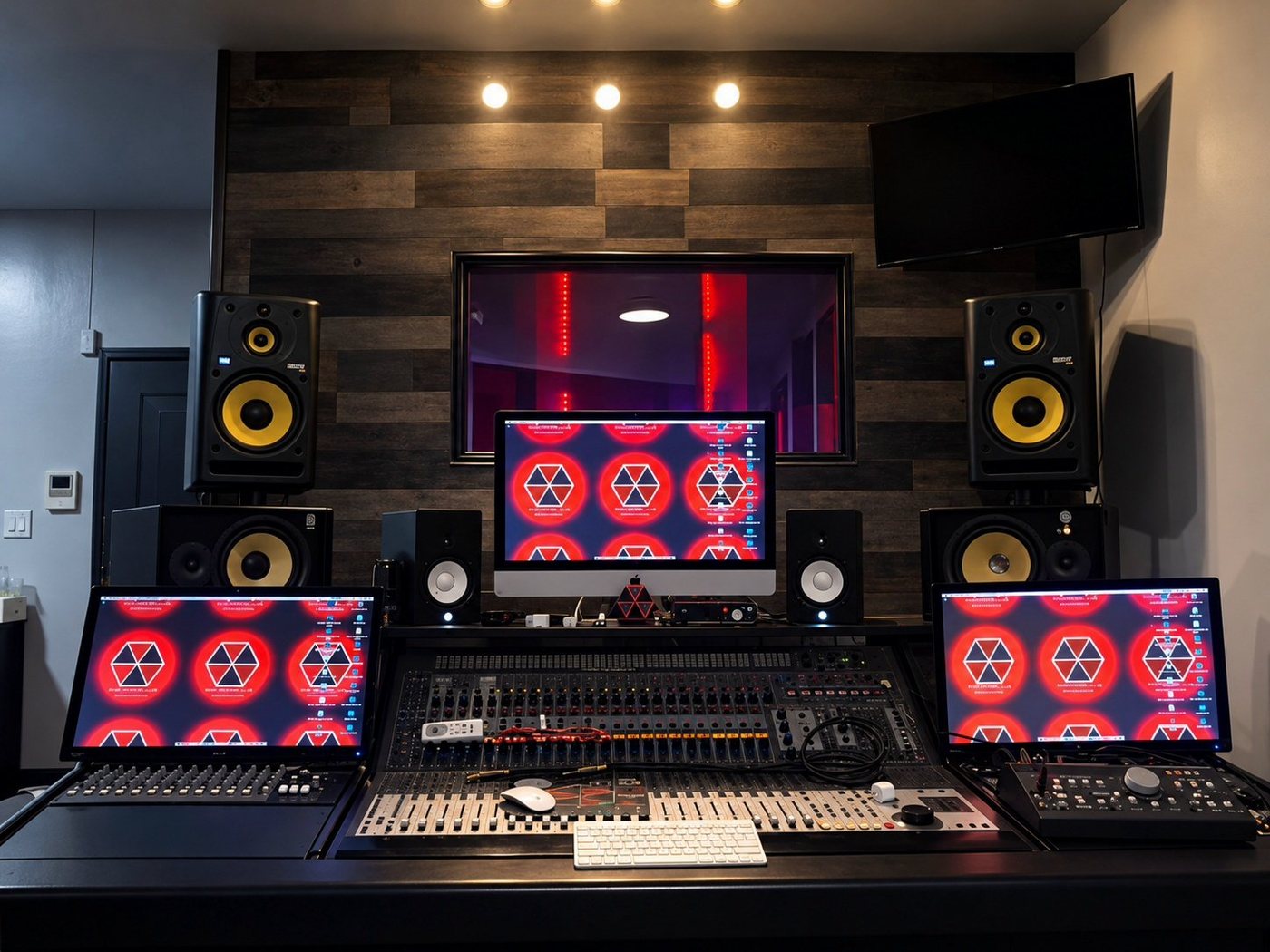 A Room control room with mixing console and studio monitors