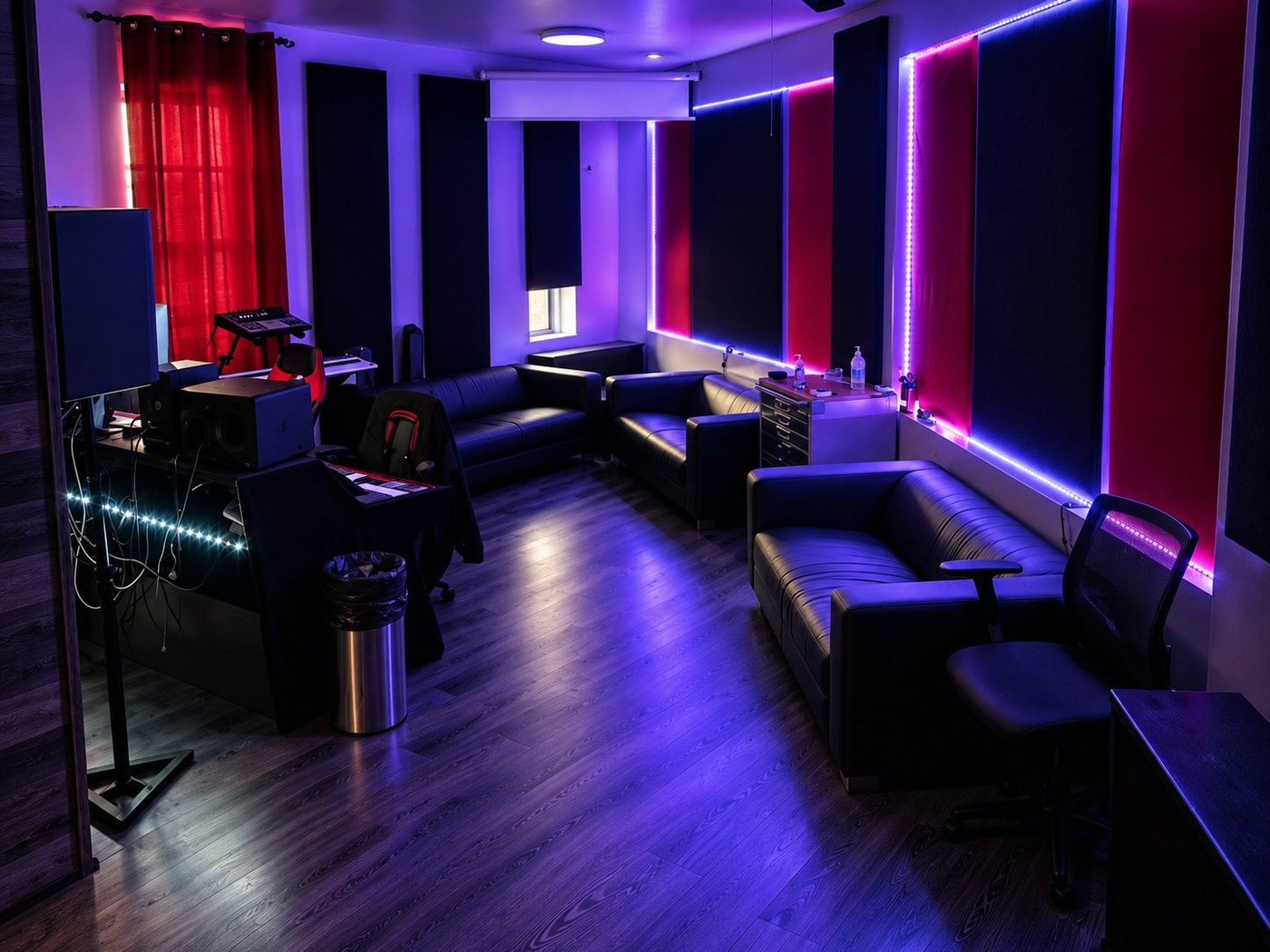 A Room lounge with leather seating and LED lighting